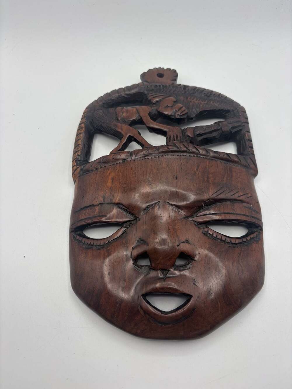 Vintage Hand Carved Wooden African Tribal Mask With Animal Decor Wall Art
